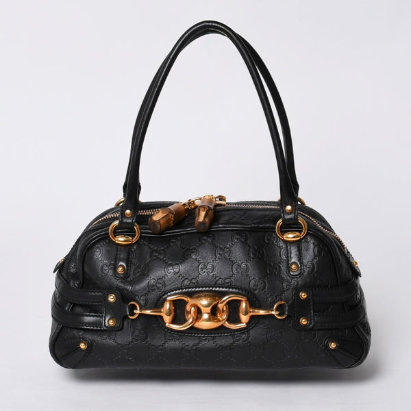 極美品 GUCCI ホースビット ワンショルダーバッグ 159899 ブラックレザー グッチシマ バンブー ゴールド金具 中古 4a000216