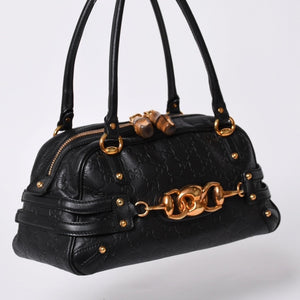 極美品 GUCCI ホースビット ワンショルダーバッグ 159899 ブラックレザー グッチシマ バンブー ゴールド金具 中古 4a000216