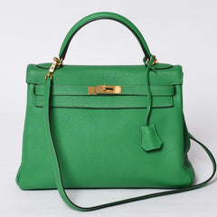 Very good condition HERMES Kelly 32 Inner stitching Bamboo □Q stamp Silver hardware Taurillon Clemence Handbag 2WAY Used 4a000803
