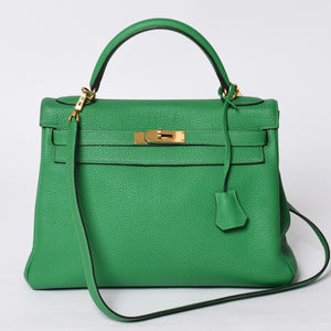Very good condition HERMES Kelly 32 Inner stitching Bamboo □Q stamp Silver hardware Taurillon Clemence Handbag 2WAY Used 4a000803