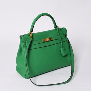 Very good condition HERMES Kelly 32 Inner stitching Bamboo □Q stamp Silver hardware Taurillon Clemence Handbag 2WAY Used 4a000803