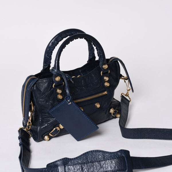 極美品 BALENCIAGA バレンシアガ LE CITY MINI ミニ シティ 2WAYバッグ 309544 ネイビー ゴールド金具 美品 中古 4a000367