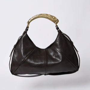 YVES SAINT LAURENT MOMBASA Handbag 107232 Metal Handle Leather GP Gold Brown Good Condition Used 4a000420