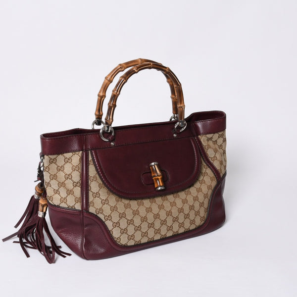 GUCCI グッチ バンブー ハンドバッグ 246860 002058 GGキャンバス レザー ベージュ レッド ゴールド金具 美品 中古 4a000200