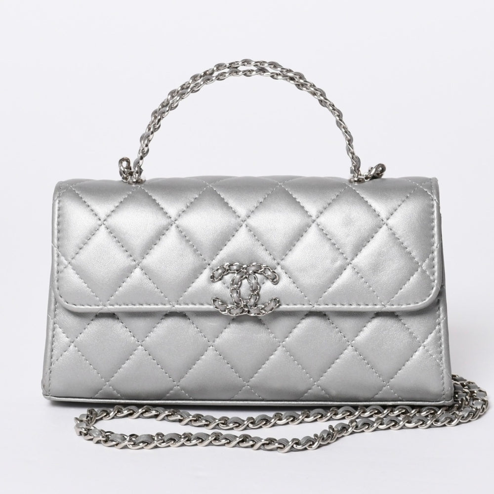 CHANEL シャネル Sフラップ Sチェーンショルダーバッグ AP3238 ランダム番台 ココマーク ラムスキン シルバー 美品 中古 4a000691
