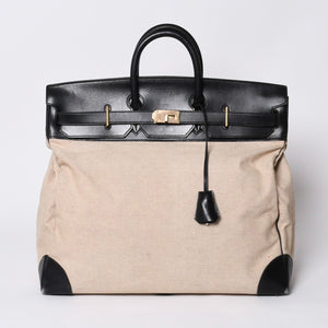 HERMES エルメス ハンドバッグ オータクロア50 1978年トワルアッシュ カーフ ブラック ベージュ バーキン ブロンズ金具 ブラック ○H刻印 中古 4a000603