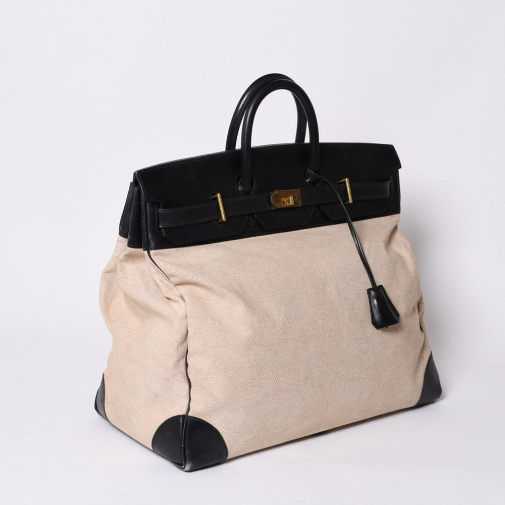 HERMES エルメス ハンドバッグ オータクロア50 1978年トワルアッシュ カーフ ブラック ベージュ バーキン ブロンズ金具 ブラック ○H刻印 中古 4a000603