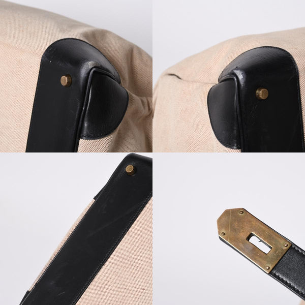 HERMES エルメス ハンドバッグ オータクロア50 1978年トワルアッシュ カーフ ブラック ベージュ バーキン ブロンズ金具 ブラック ○H刻印 中古 4a000603