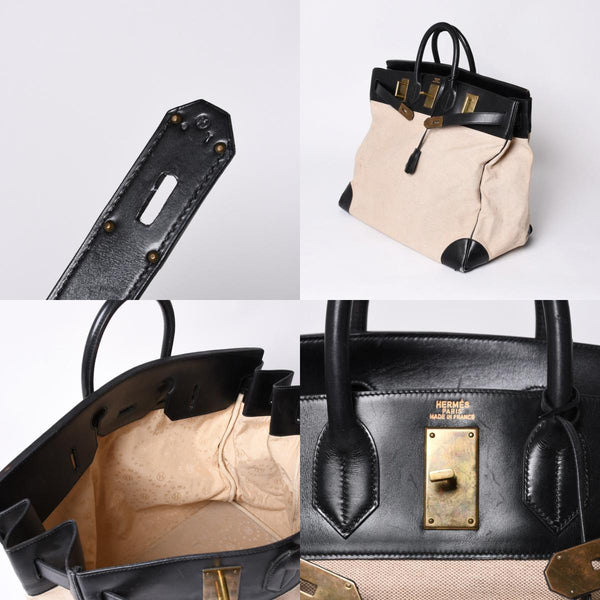 HERMES エルメス ハンドバッグ オータクロア50 1978年トワルアッシュ カーフ ブラック ベージュ バーキン ブロンズ金具 ブラック ○H刻印 中古 4a000603