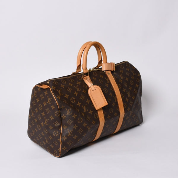 LOUIS VUITTON ルイヴィトン モノグラム キーポル45 ボストンバッグ M41428 PVC ヌメ革 ブラウン ゴールド金具 美品 中古 4a000237