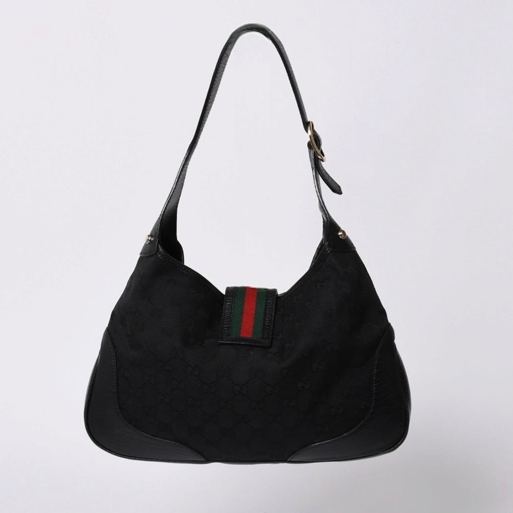 極美品 GUCCI グッチ ホーボー ワンショルダーバッグ 130779 002058 GGキャンバス レザー ブラック レッド ゴールド金具 中古 4a000189