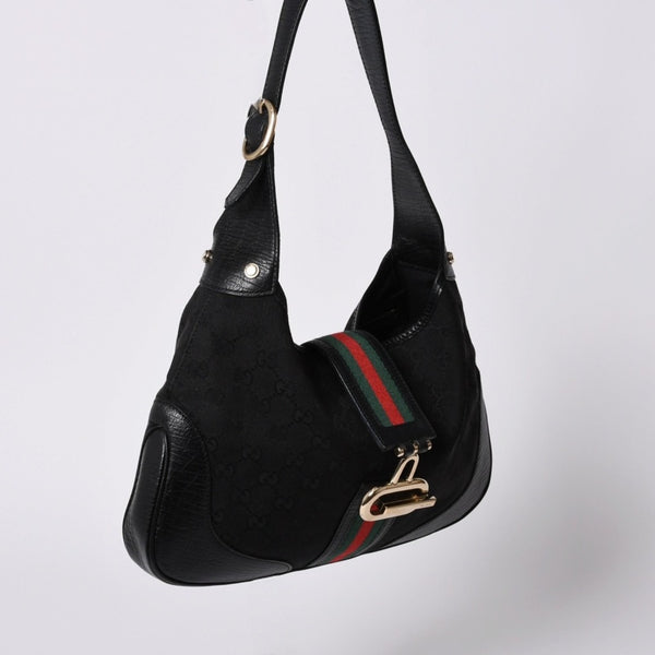 Very Good Condition GUCCI Gucci Hobo One Shoulder Bag 130779 002058 GG Canvas Leather Black Red Gold Hardware Used 4a000189