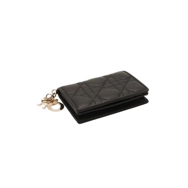 Christian Dior LADY DIOR Mini Wallet 33MA★0215 Fold Wallet Mini Wallet Black Cannage Lambskin Good Condition Used 4a000317