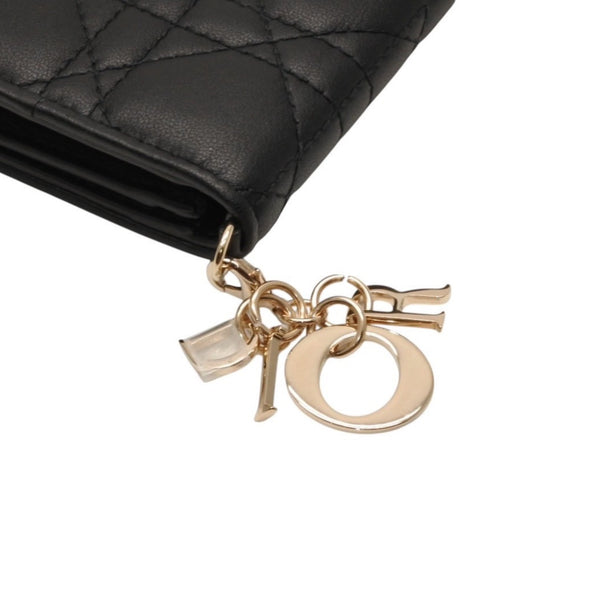 Christian Dior LADY DIOR Mini Wallet 33MA★0215 Fold Wallet Mini Wallet Black Cannage Lambskin Good Condition Used 4a000317