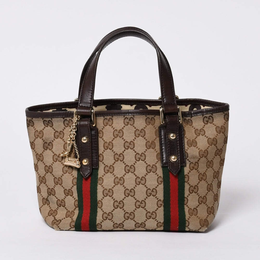 極美品 GUCCI グッチ ハンドバッグ 2000-2010s チャーム付き シェリーライン GGキャンバス 139261 213048 べージュ ゴールド金具 中古 4a000195
