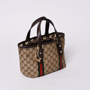 極美品 GUCCI グッチ ハンドバッグ 2000-2010s チャーム付き シェリーライン GGキャンバス 139261 213048 べージュ ゴールド金具 中古 4a000195