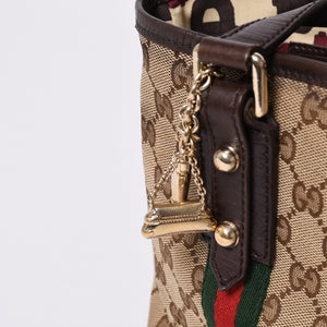 極美品 GUCCI グッチ ハンドバッグ 2000-2010s チャーム付き シェリーライン GGキャンバス 139261 213048 べージュ ゴールド金具 中古 4a000195