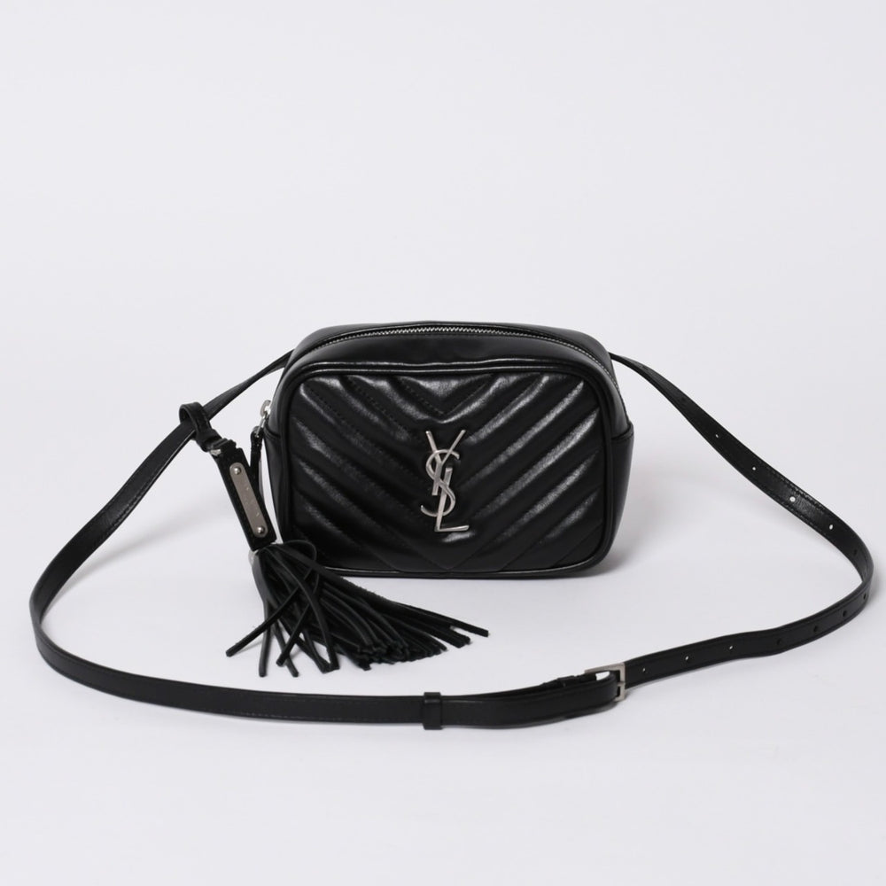 極美品 SAINT LAURENT サンローラン ショルダーバッグ Vステッチ フリンジ YSLロゴ ブラック カーフ 534817 中古 4a000160