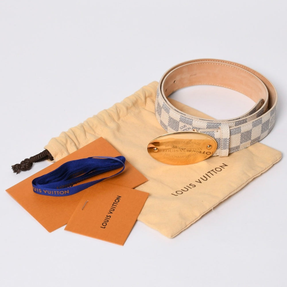 極美品 LOUIS VUITTON ルイヴィトン サンチュール ヴォワヤージュ 35MM ダミエアズール ベルト M9837V レザー 85/34 中古 4a000349