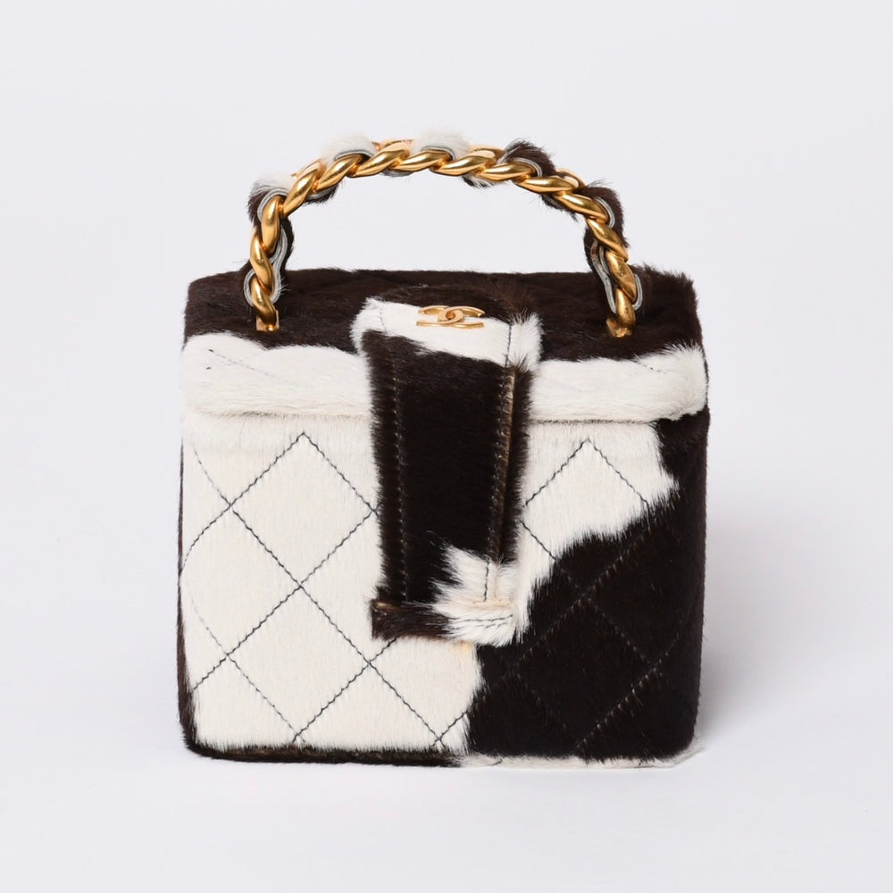 Like new CHANEL Chanel Coco Mark Haraco Mini Vanity Bag 1994-1999s No. 3 White Brown Gold Hardware Used 4a000230