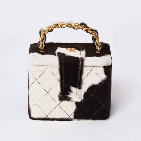 Like new CHANEL Chanel Coco Mark Haraco Mini Vanity Bag 1994-1999s No. 3 White Brown Gold Hardware Used 4a000230