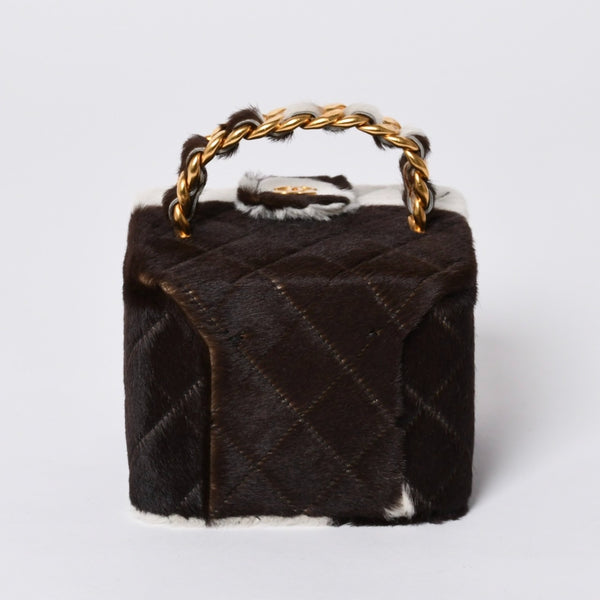 Like new CHANEL Chanel Coco Mark Haraco Mini Vanity Bag 1994-1999s No. 3 White Brown Gold Hardware Used 4a000230