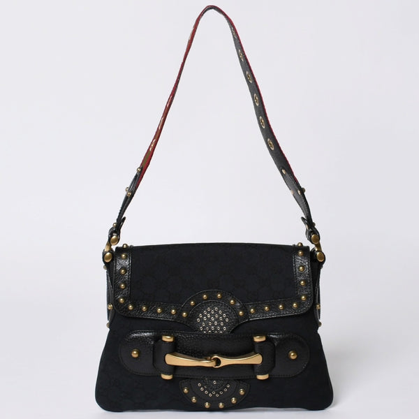 GUCCI Gucci Hobo One Shoulder Horsebit Handbag 144010 GG Canvas Leather Black Good Condition Used 4a000516