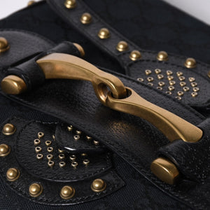GUCCI Gucci Hobo One Shoulder Horsebit Handbag 144010 GG Canvas Leather Black Good Condition Used 4a000516