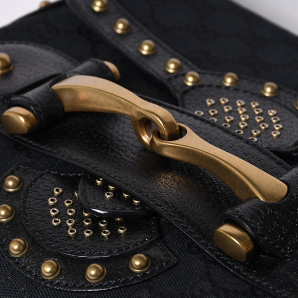 GUCCI Gucci Hobo One Shoulder Horsebit Handbag 144010 GG Canvas Leather Black Good Condition Used 4a000516