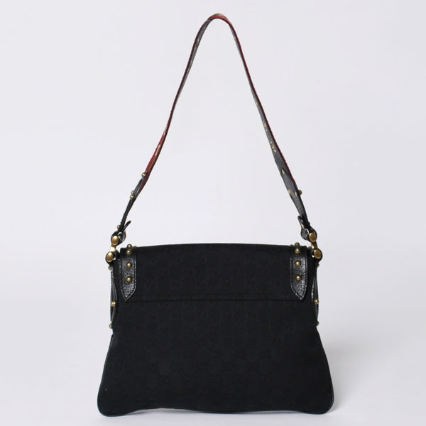 GUCCI Gucci Hobo One Shoulder Horsebit Handbag 144010 GG Canvas Leather Black Good Condition Used 4a000516