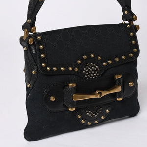 GUCCI Gucci Hobo One Shoulder Horsebit Handbag 144010 GG Canvas Leather Black Good Condition Used 4a000516
