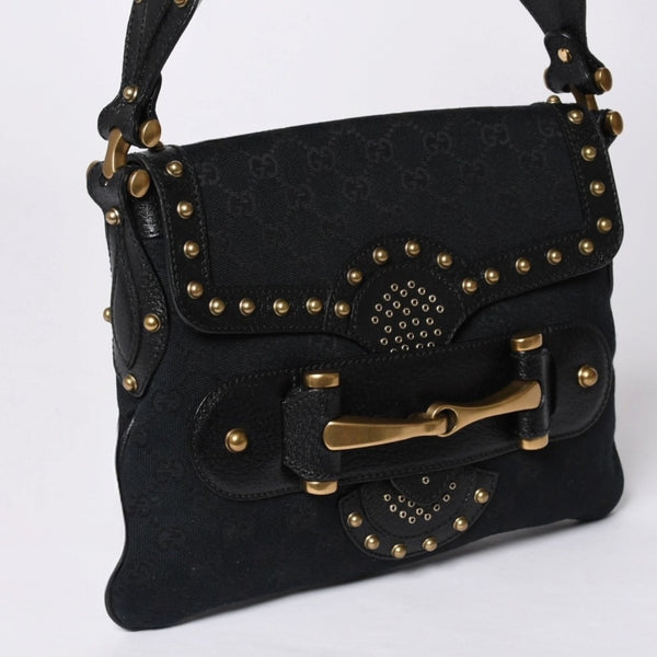 GUCCI Gucci Hobo One Shoulder Horsebit Handbag 144010 GG Canvas Leather Black Good Condition Used 4a000516
