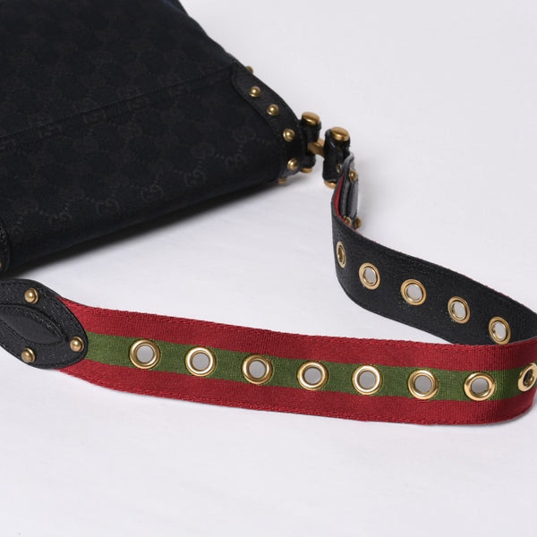 GUCCI Gucci Hobo One Shoulder Horsebit Handbag 144010 GG Canvas Leather Black Good Condition Used 4a000516