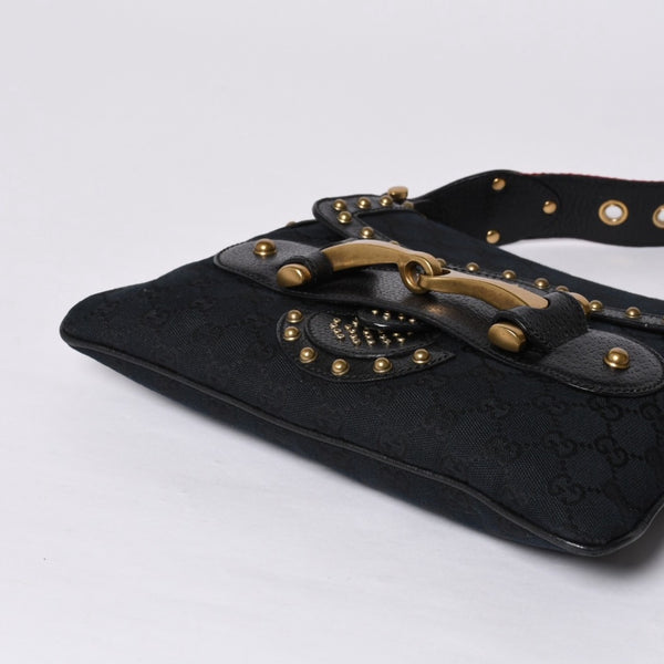 GUCCI Gucci Hobo One Shoulder Horsebit Handbag 144010 GG Canvas Leather Black Good Condition Used 4a000516