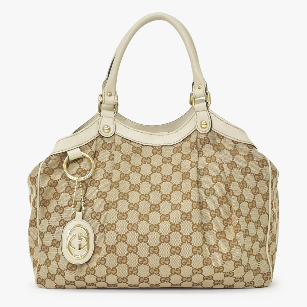 GUCCI グッチ ハンドバッグ 211944 493075 GGキャンバス レザー アイボリー ゴールド金具 美品 中古 4a000382
