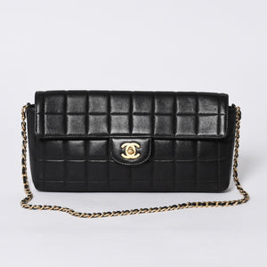 Very Good Condition CHANEL Chocolate Bar Chain Shoulder Bag Lambskin Black x Gold Ladies No. 7 Used 4a000488