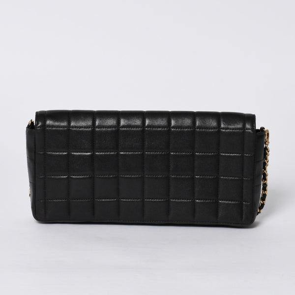Very Good Condition CHANEL Chocolate Bar Chain Shoulder Bag Lambskin Black x Gold Ladies No. 7 Used 4a000488