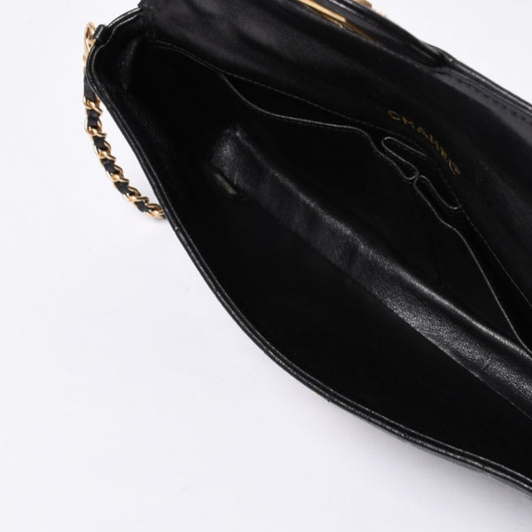 Very Good Condition CHANEL Chocolate Bar Chain Shoulder Bag Lambskin Black x Gold Ladies No. 7 Used 4a000488