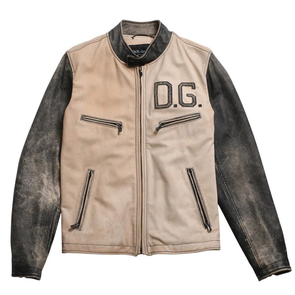 DOLCE&GABBANA ドルチェアンドガッバーナ バイカラー切替レザージャケット ZLS10/9111 ホースレザー ベージュ ブラック 48サイズ ヴィンテージ加工 良品 中古 4a004151