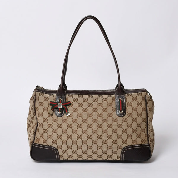 GUCCI グッチ ハンドバッグ 177052 502752 GGキャンバス シェリーライン レザー ベージュ ゴールド金具 美品 中古 4a000213