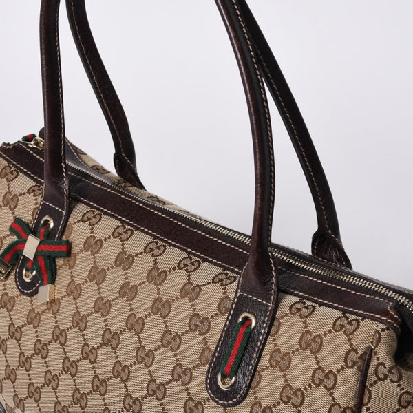 GUCCI グッチ ハンドバッグ 177052 502752 GGキャンバス シェリーライン レザー ベージュ ゴールド金具 美品 中古 4a000213