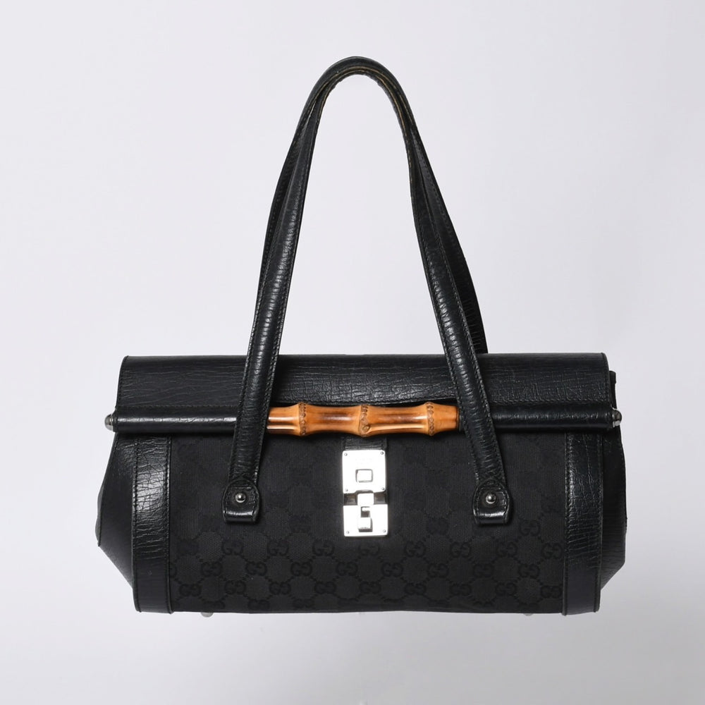 GUCCI グッチ ワンショルダー ハンドバッグ 111713 3444 GGキャンバス バンブー レザー ブラック 美品 中古 4a000383