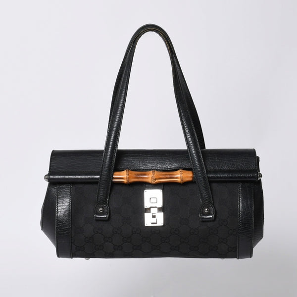 GUCCI グッチ ワンショルダー ハンドバッグ 111713 3444 GGキャンバス バンブー レザー ブラック 美品 中古 4a000383