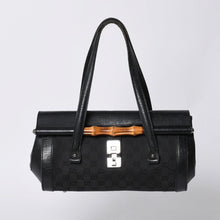 画像をギャラリービューアに読み込む, GUCCI グッチ ワンショルダー ハンドバッグ 111713 3444 GGキャンバス バンブー レザー ブラック 美品 中古 4a000383