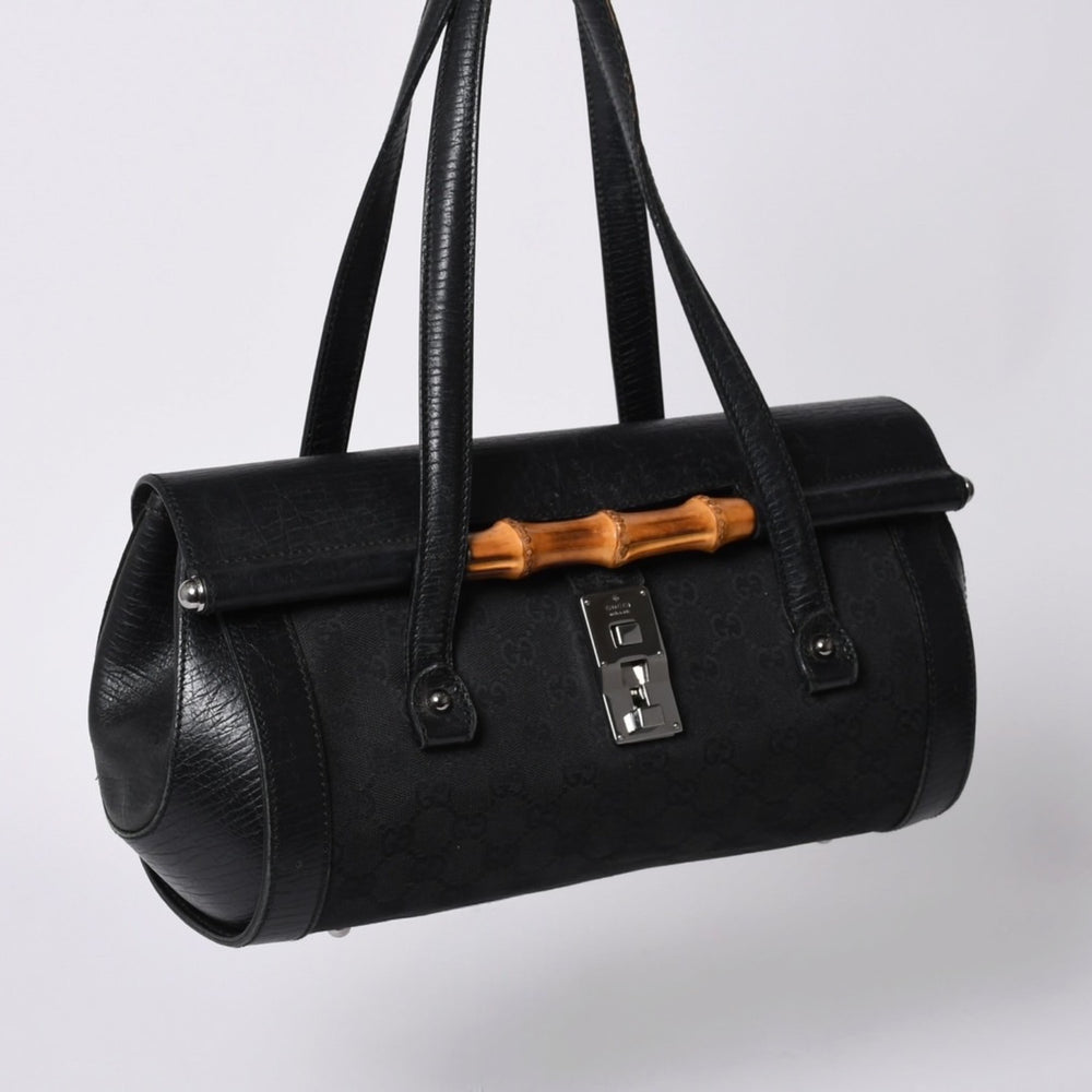 GUCCI グッチ ワンショルダー ハンドバッグ 111713 3444 GGキャンバス バンブー レザー ブラック 美品 中古 4a000383