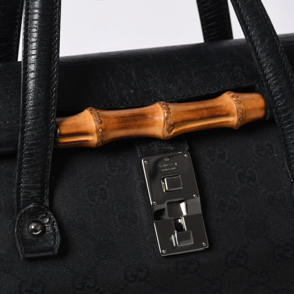 GUCCI グッチ ワンショルダー ハンドバッグ 111713 3444 GGキャンバス バンブー レザー ブラック 美品 中古 4a000383