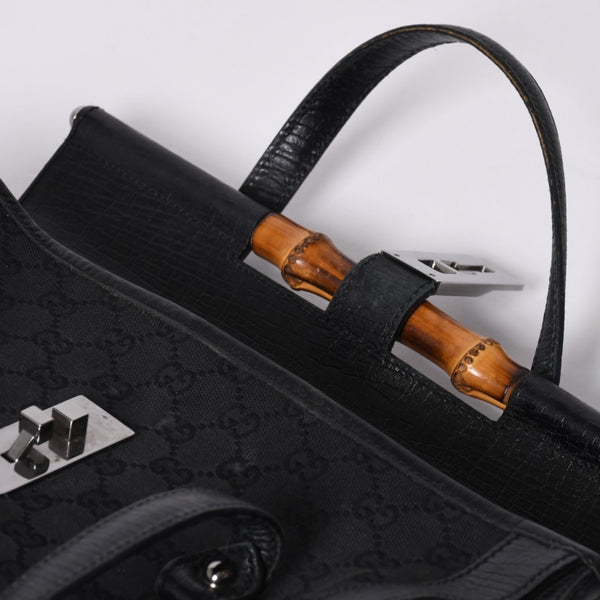 GUCCI グッチ ワンショルダー ハンドバッグ 111713 3444 GGキャンバス バンブー レザー ブラック 美品 中古 4a000383