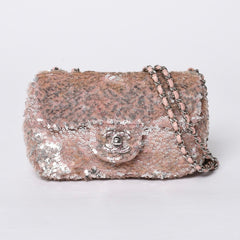 Very Good Condition CHANEL Mini Matelasse 16 S Flap W Chain Shoulder Bag No. 21 Coco Mark Sequin Pink Used 4a000389