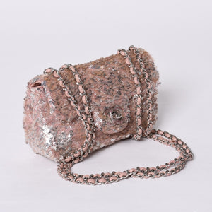 Very Good Condition CHANEL Mini Matelasse 16 S Flap W Chain Shoulder Bag No. 21 Coco Mark Sequin Pink Used 4a000389