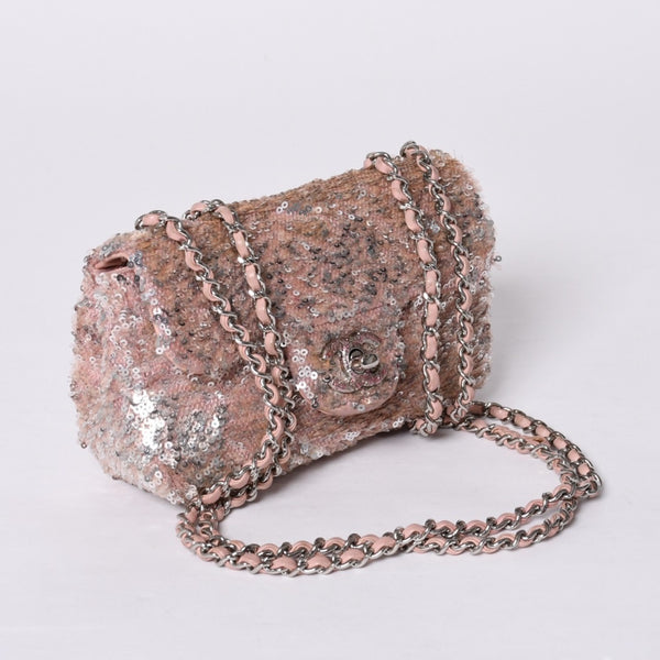 Very Good Condition CHANEL Mini Matelasse 16 S Flap W Chain Shoulder Bag No. 21 Coco Mark Sequin Pink Used 4a000389